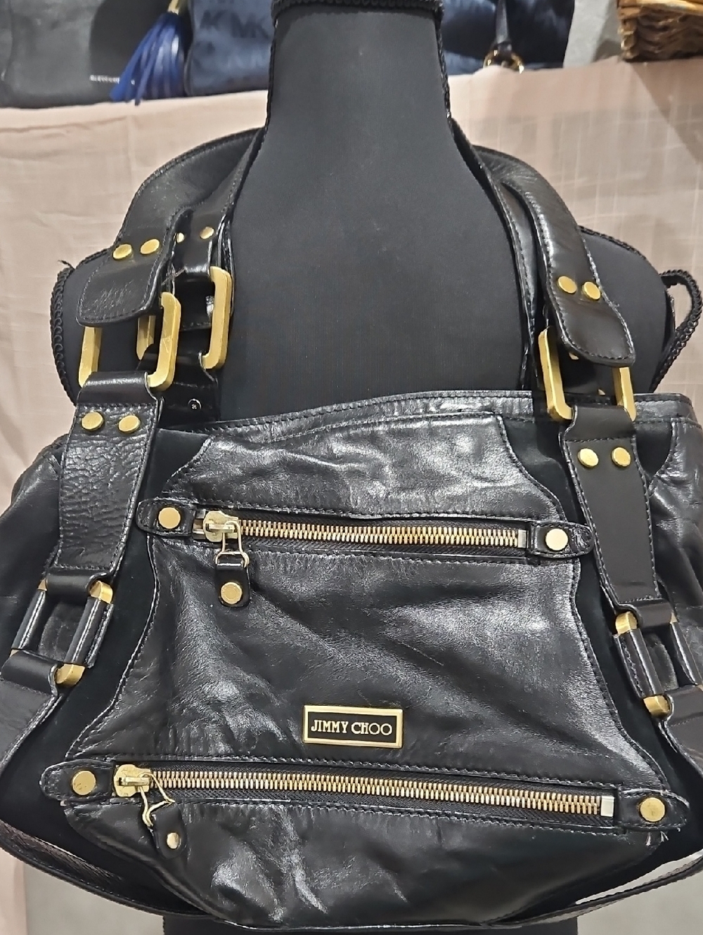 Jimmy Choo Mahala Black Leather Shoulder Bag with Gold-Tone Hardware